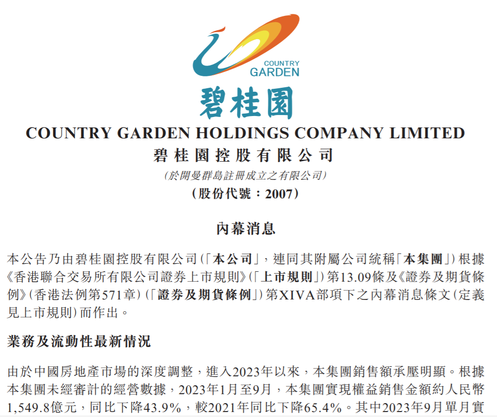 图片来源：碧桂园10月10日公告